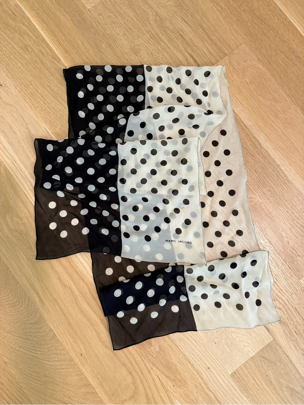 Marc Jacobs Silk Scarf 52” Black Ivory Polka Dot Colorblock Vintage Y2K